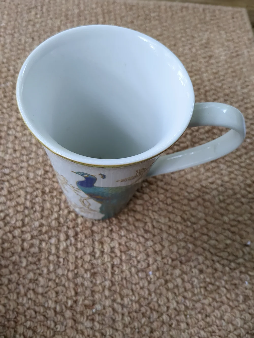 222 Fifth White Latte  Mug with Blue and Gold Peacock Garden